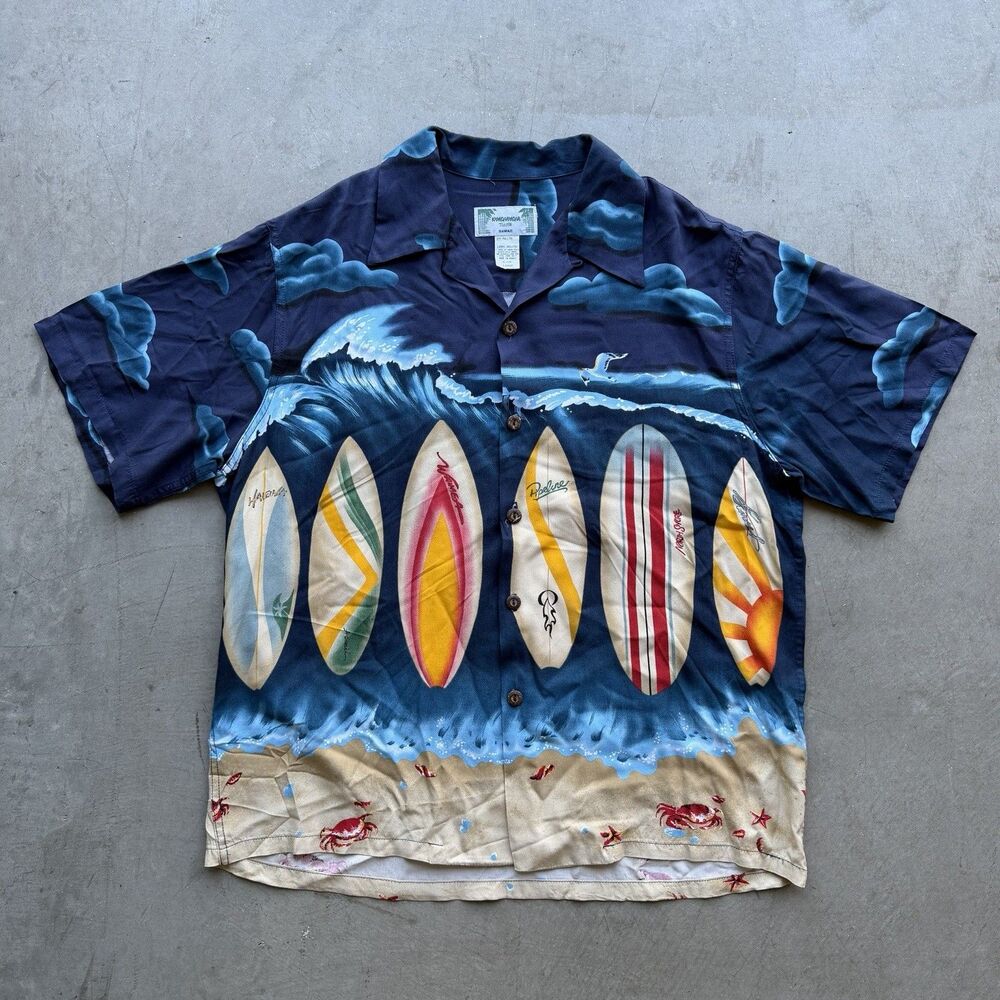 Vintage Kamehameha Shirt Mens L Surfboard Beach Ocean Print Made In USA Hawaii
